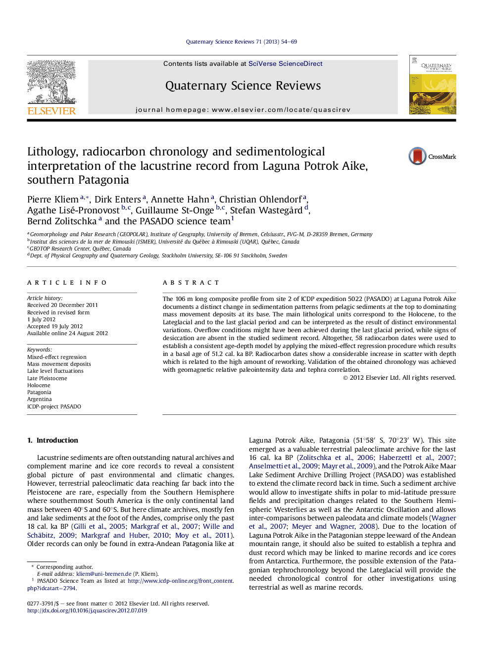 سنگ شناسی، کرونولوژی رادیو کربن و تفسیر رسوب شناختی رکورد لواژی از لگونا پاتروک آیکو، جنوب پاتاگونیا 
