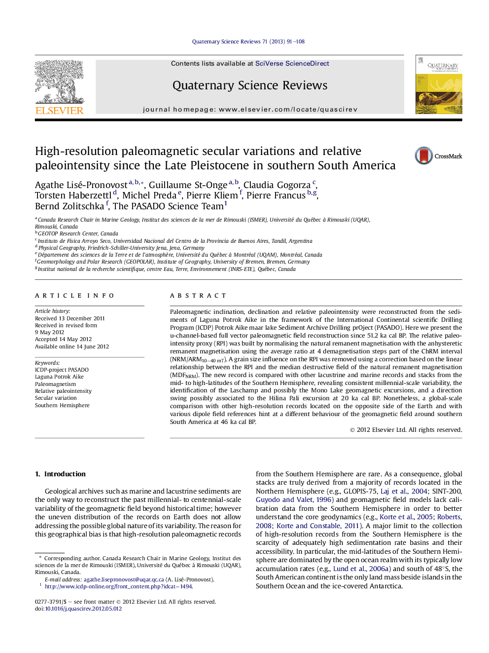 High-resolution paleomagnetic secular variations and relative paleointensity since the Late Pleistocene in southern South America