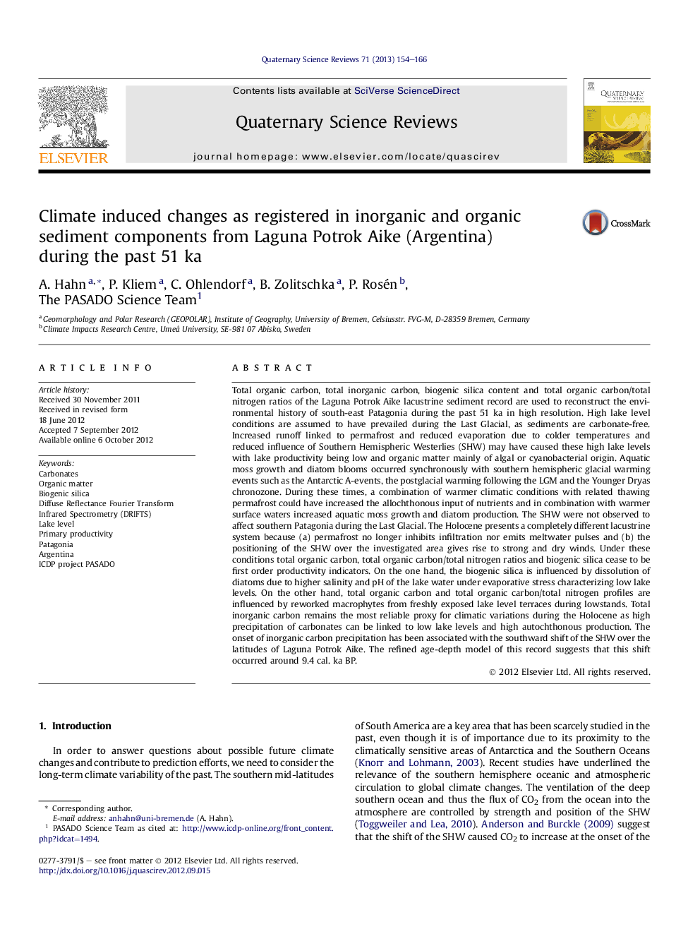 Climate induced changes as registered in inorganic and organic sediment components from Laguna Potrok Aike (Argentina) during the past 51 ka