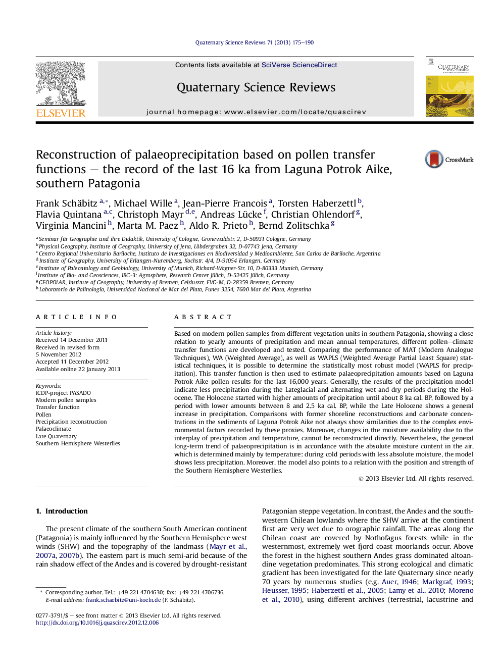 Reconstruction of palaeoprecipitation based on pollen transfer functions – the record of the last 16 ka from Laguna Potrok Aike, southern Patagonia