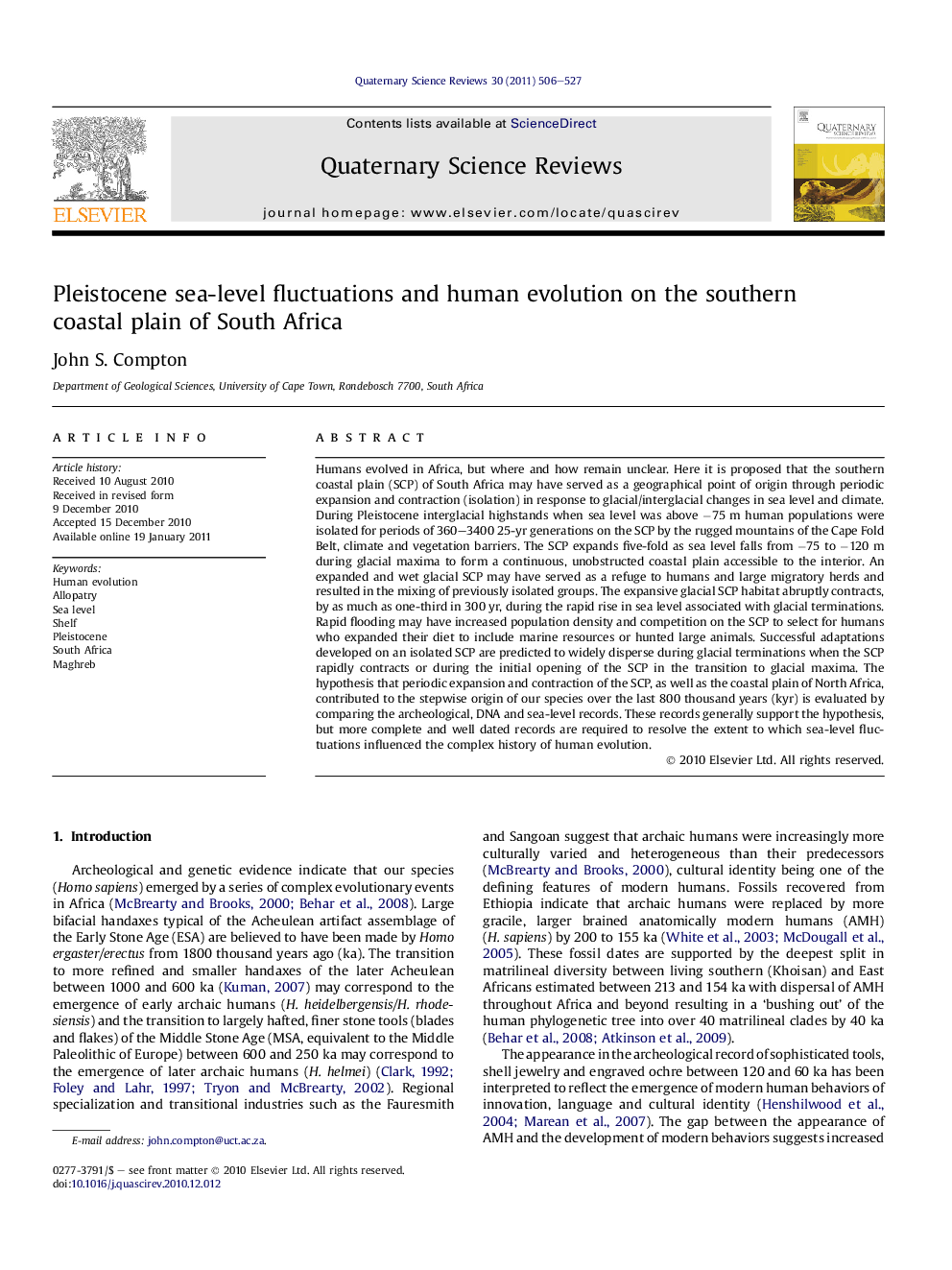 Pleistocene sea-level fluctuations and human evolution on the southern coastal plain of South Africa