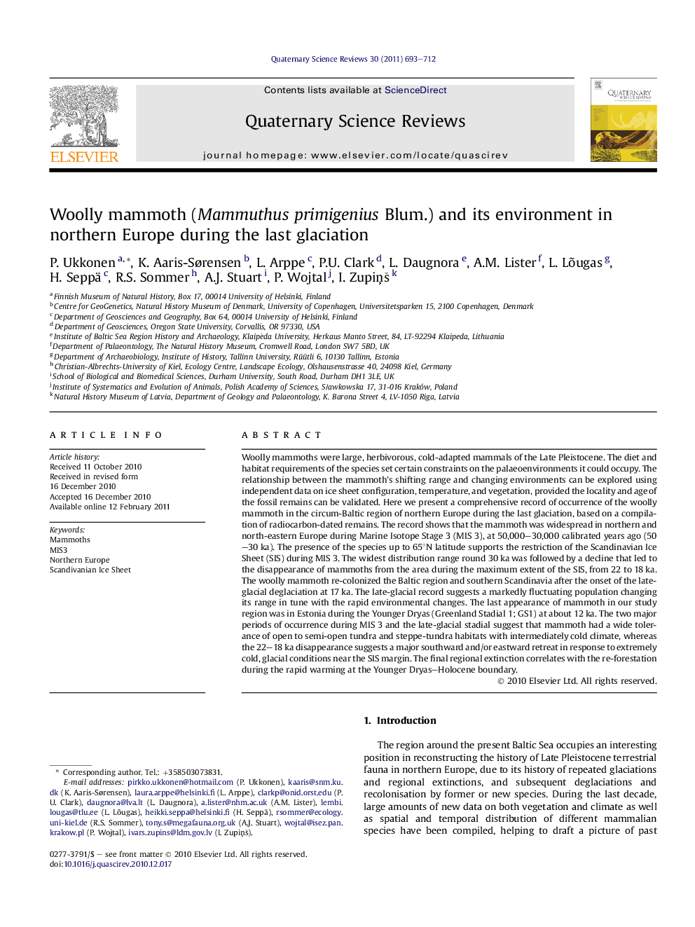 Woolly mammoth (Mammuthus primigenius Blum.) and its environment in northern Europe during the last glaciation