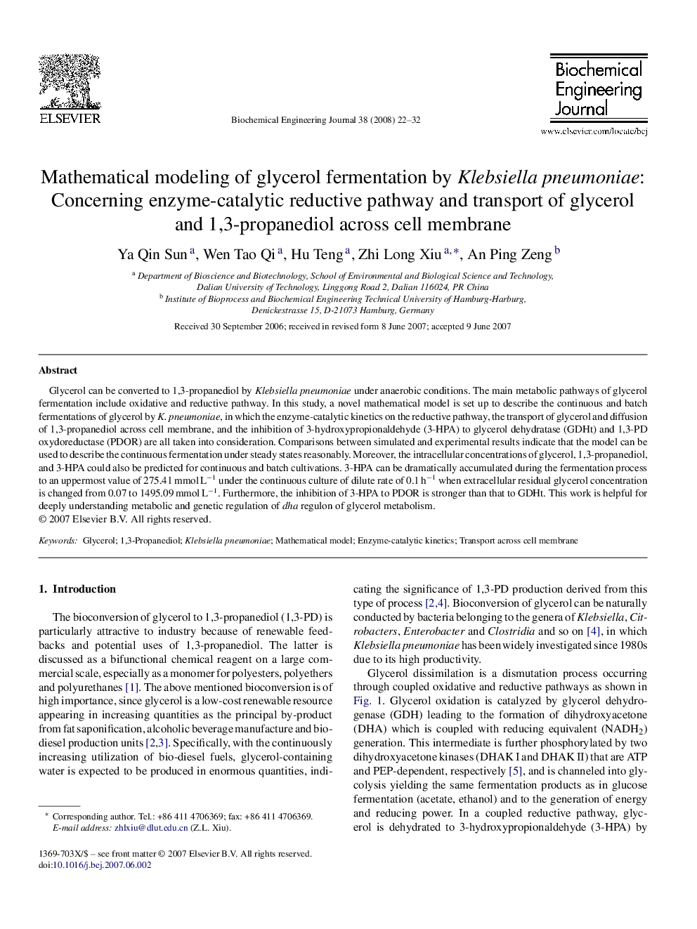 Mathematical modeling of glycerol fermentation by Klebsiella pneumoniae: Concerning enzyme-catalytic reductive pathway and transport of glycerol and 1,3-propanediol across cell membrane