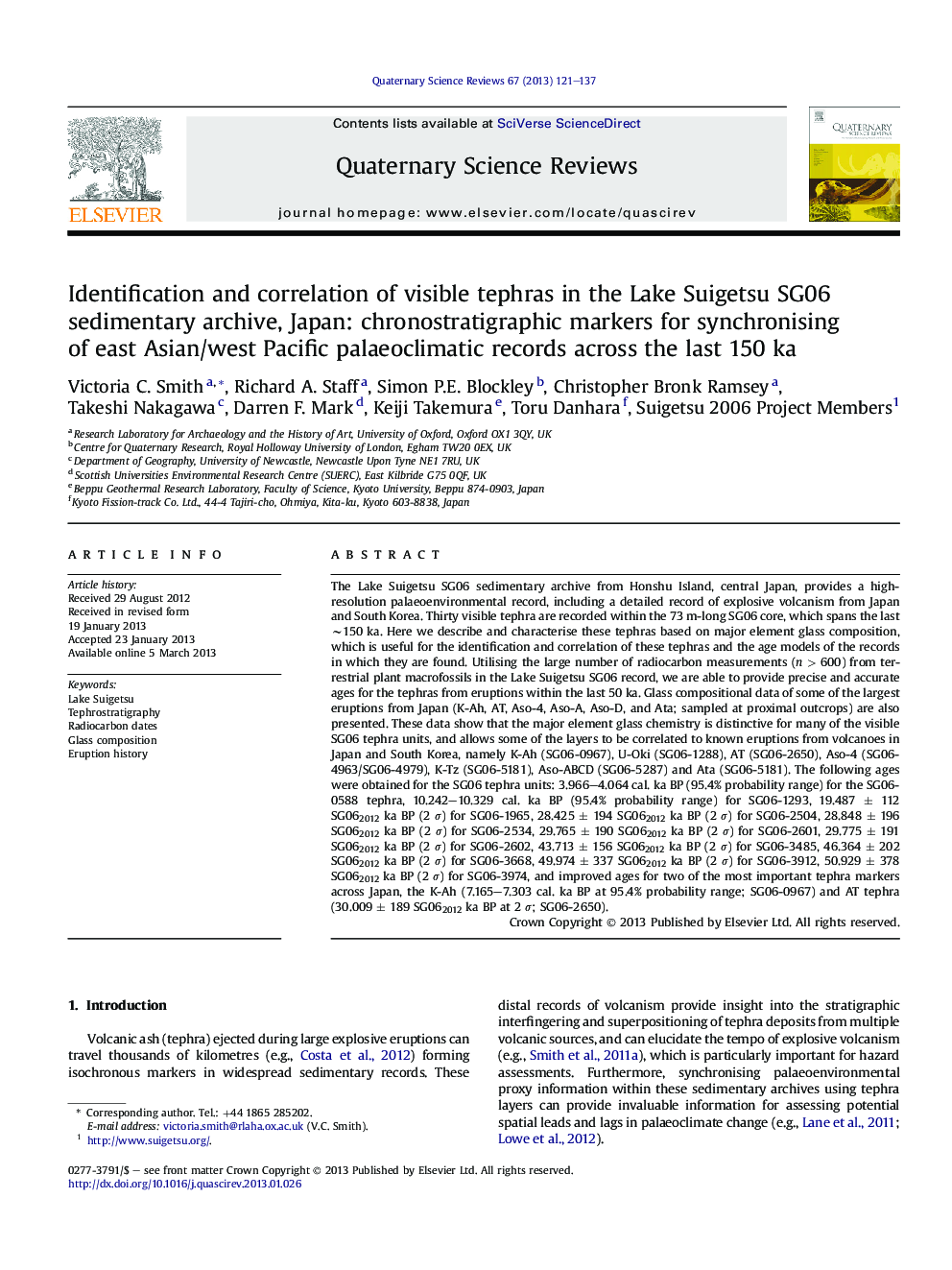 Identification and correlation of visible tephras in the Lake Suigetsu SG06 sedimentary archive, Japan: chronostratigraphic markers for synchronising of east Asian/west Pacific palaeoclimatic records across the last 150 ka