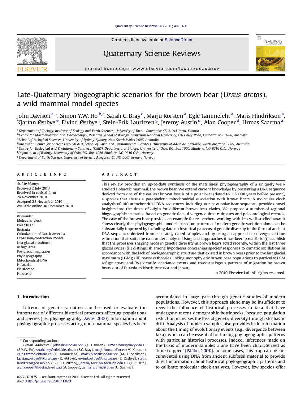 Late-Quaternary biogeographic scenarios for the brown bear (Ursus arctos), a wild mammal model species