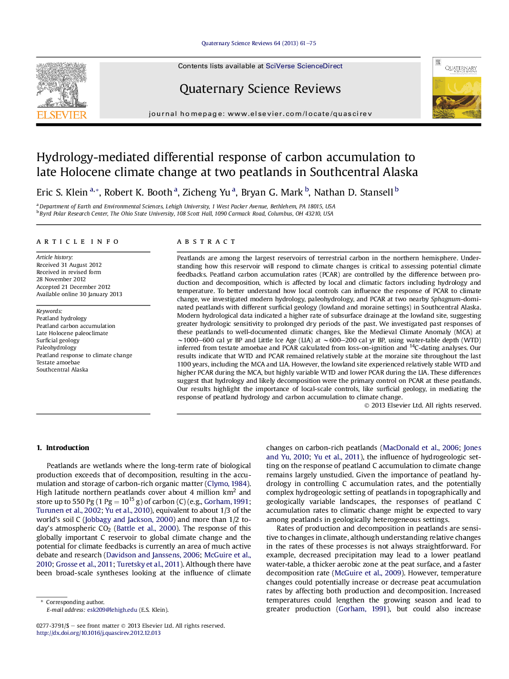 Hydrology-mediated differential response of carbon accumulation to late Holocene climate change at two peatlands in Southcentral Alaska