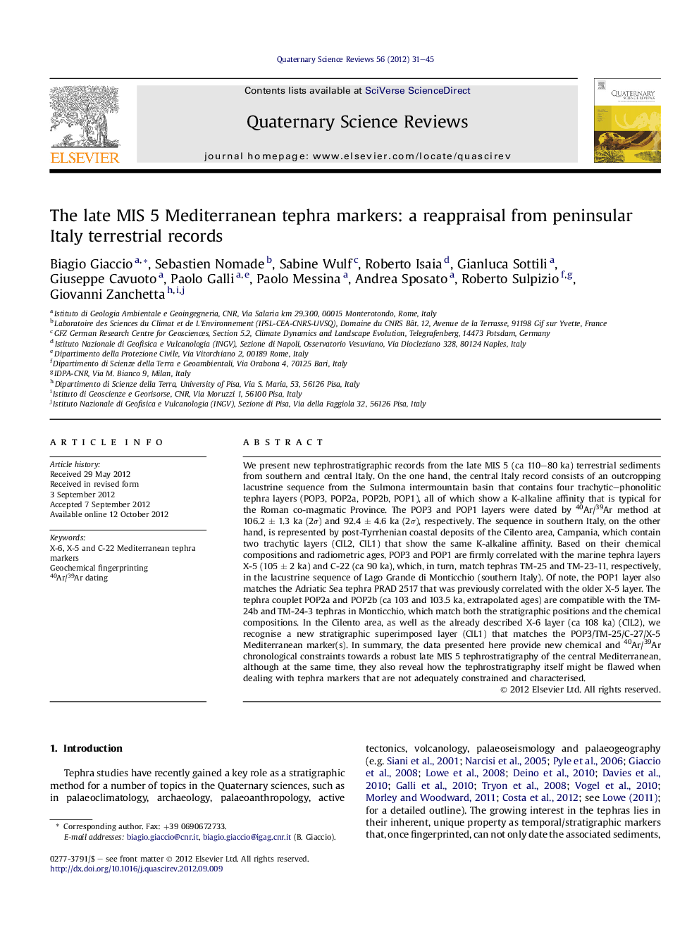 The late MIS 5 Mediterranean tephra markers: a reappraisal from peninsular Italy terrestrial records