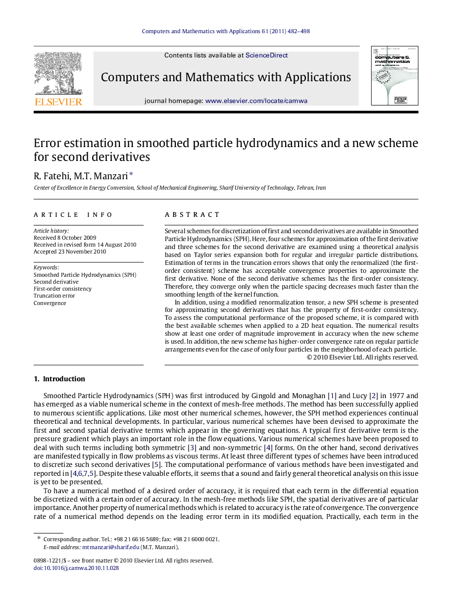 Error estimation in smoothed particle hydrodynamics and a new scheme for second derivatives