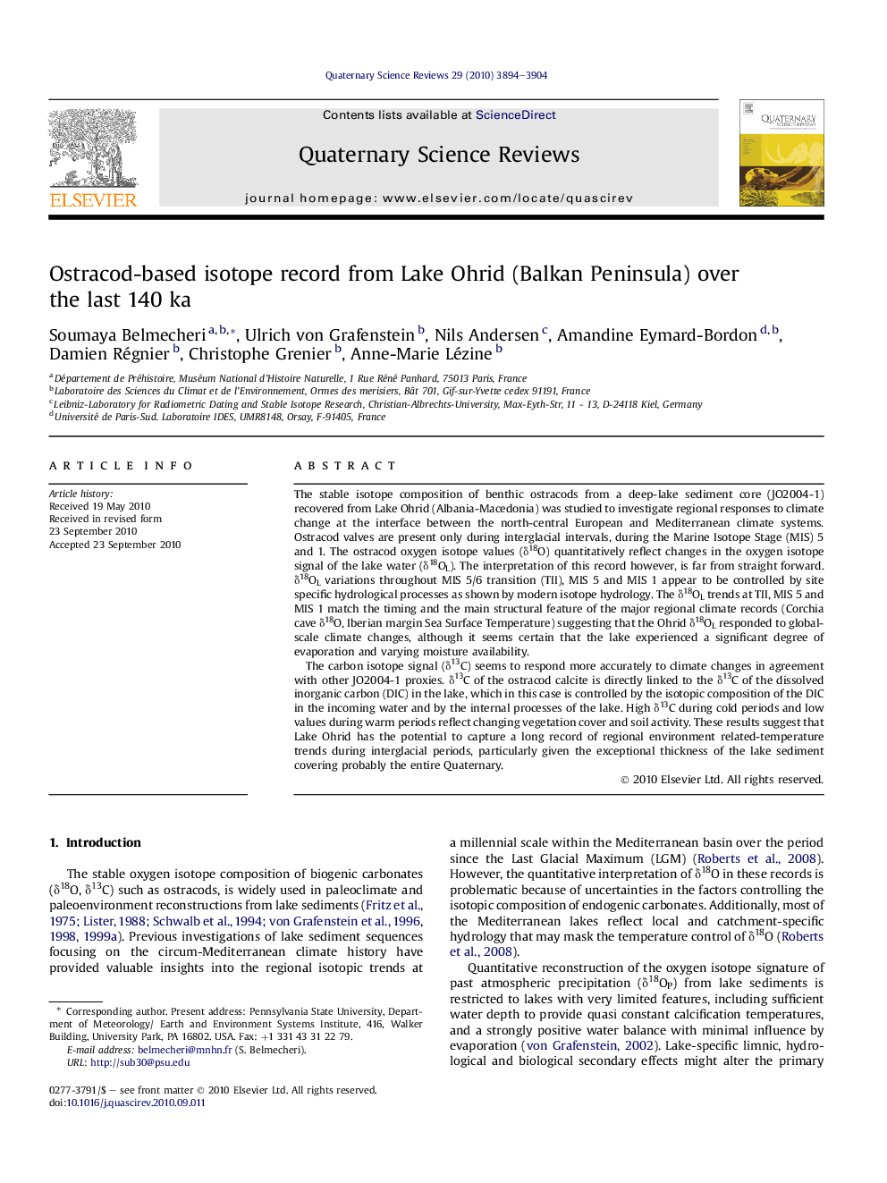 Ostracod-based isotope record from Lake Ohrid (Balkan Peninsula) over the last 140 ka