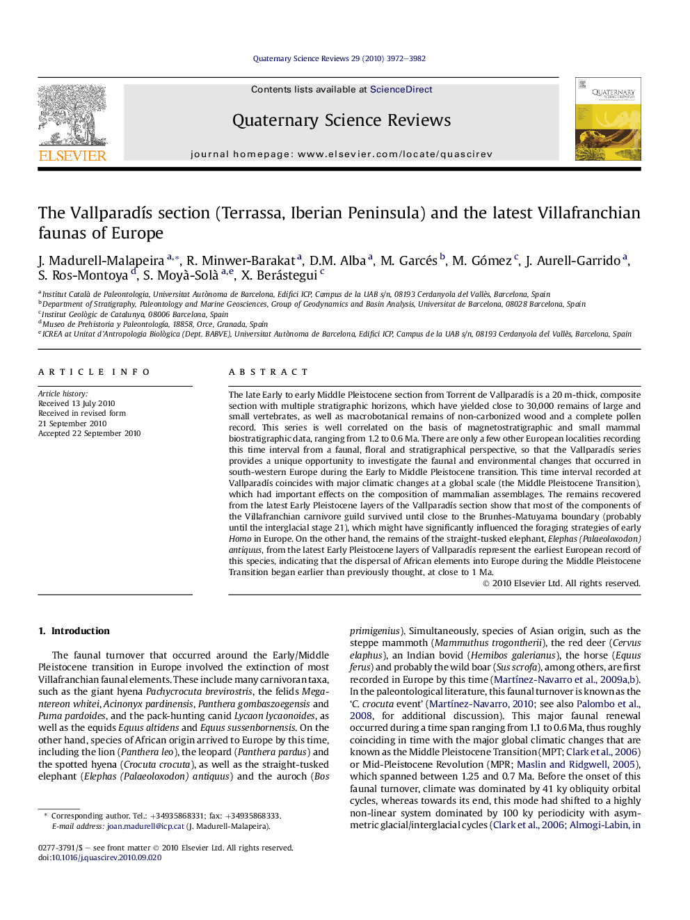 The Vallparadís section (Terrassa, Iberian Peninsula) and the latest Villafranchian faunas of Europe