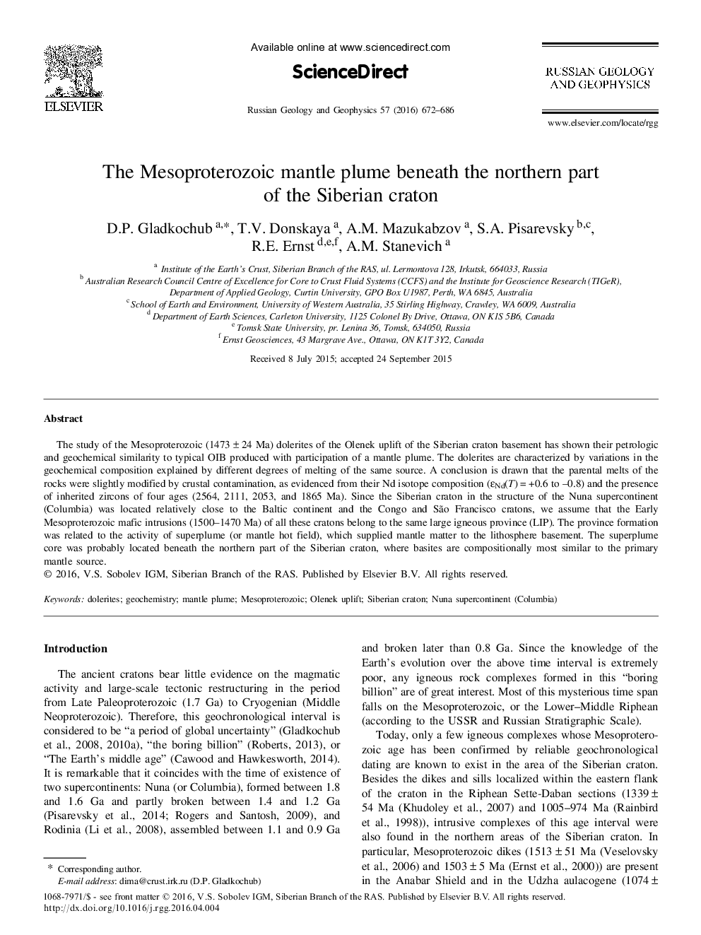 The Mesoproterozoic mantle plume beneath the northern part of the Siberian craton