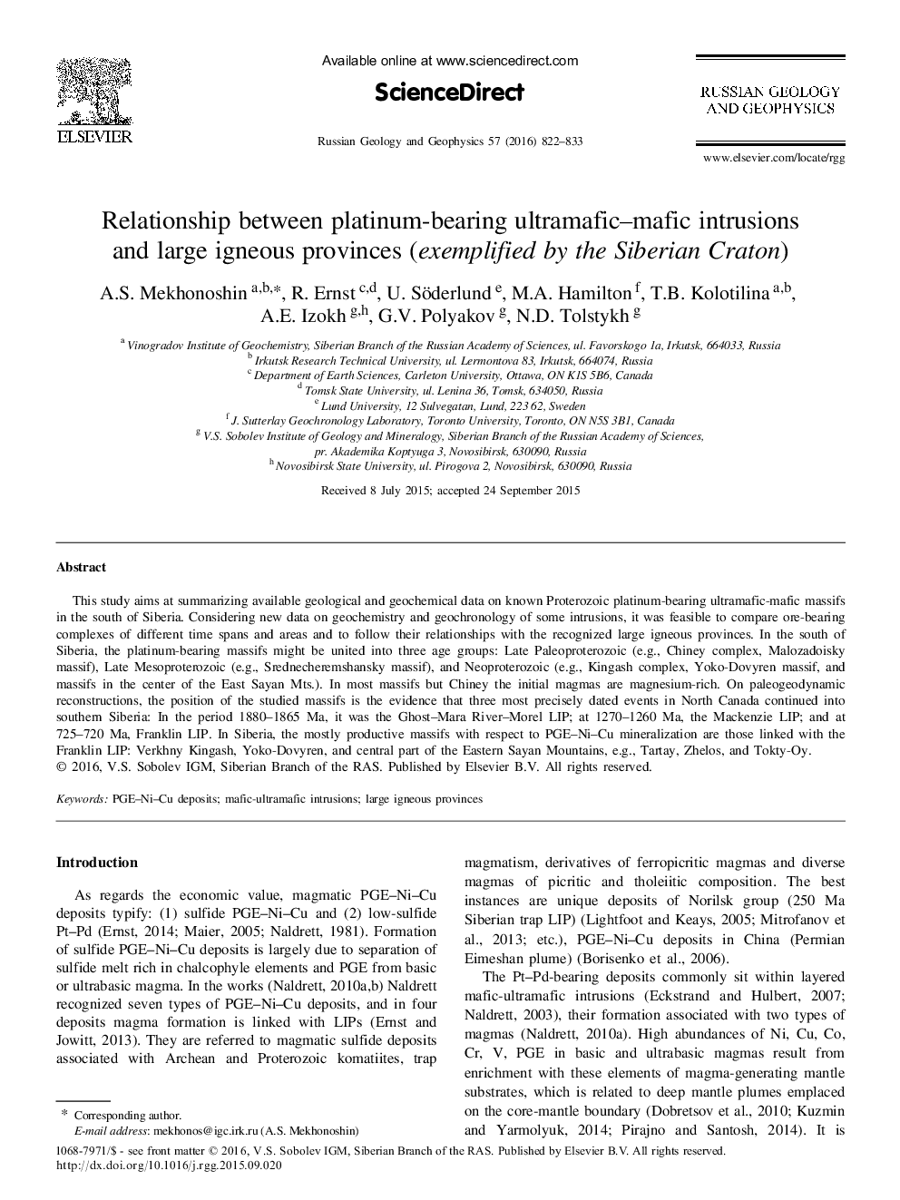 Relationship between platinum-bearing ultramafic-mafic intrusions and large igneous provinces (exemplified by the Siberian Craton)