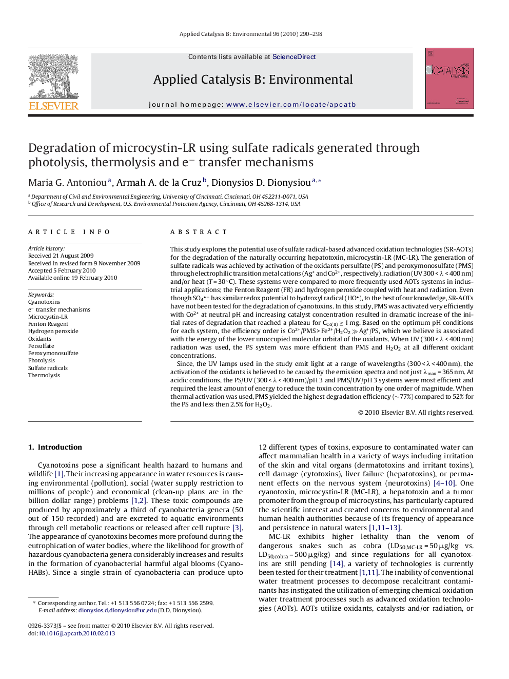 Degradation of microcystin-LR using sulfate radicals generated through photolysis, thermolysis and e− transfer mechanisms