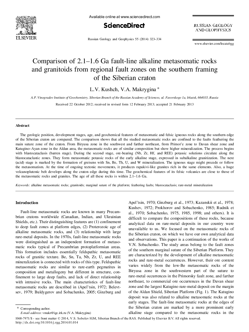 Comparison of 2.1-1.6 Ga fault-line alkaline metasomatic rocks and granitoids from regional fault zones on the southern framing of the Siberian craton