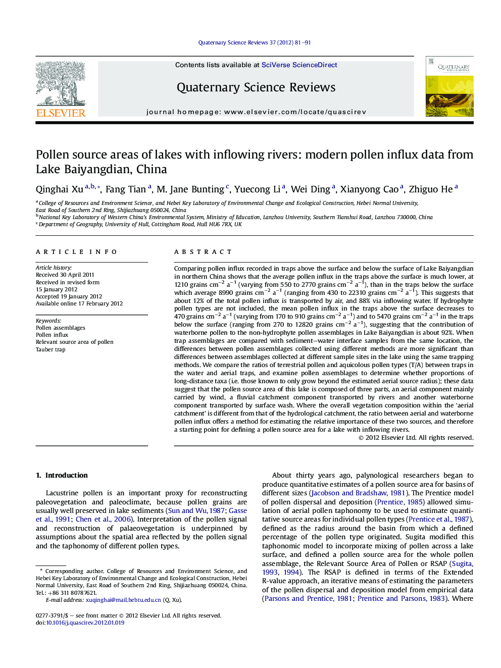 Pollen source areas of lakes with inflowing rivers: modern pollen influx data from Lake Baiyangdian, China