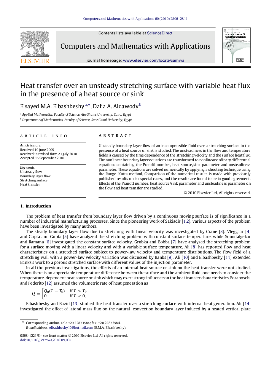 Heat transfer over an unsteady stretching surface with variable heat flux in the presence of a heat source or sink