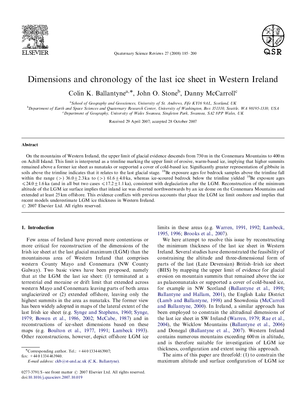 Dimensions and chronology of the last ice sheet in Western Ireland