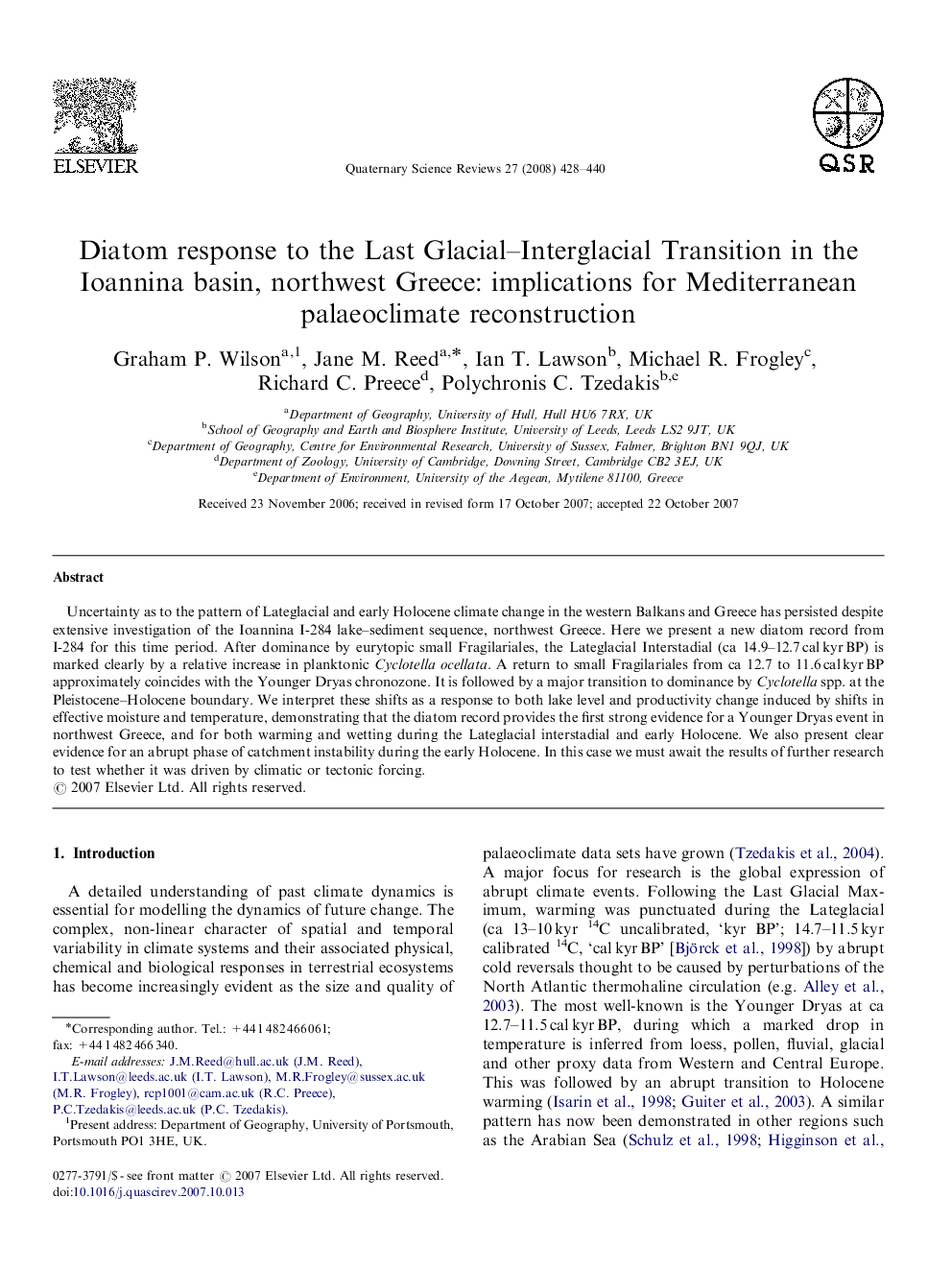 Diatom response to the Last Glacial-Interglacial Transition in the Ioannina basin, northwest Greece: implications for Mediterranean palaeoclimate reconstruction