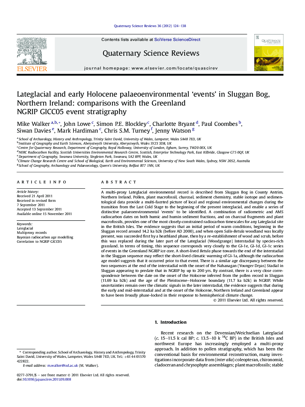 Lateglacial and early Holocene palaeoenvironmental ‘events’ in Sluggan Bog, Northern Ireland: comparisons with the Greenland NGRIP GICC05 event stratigraphy