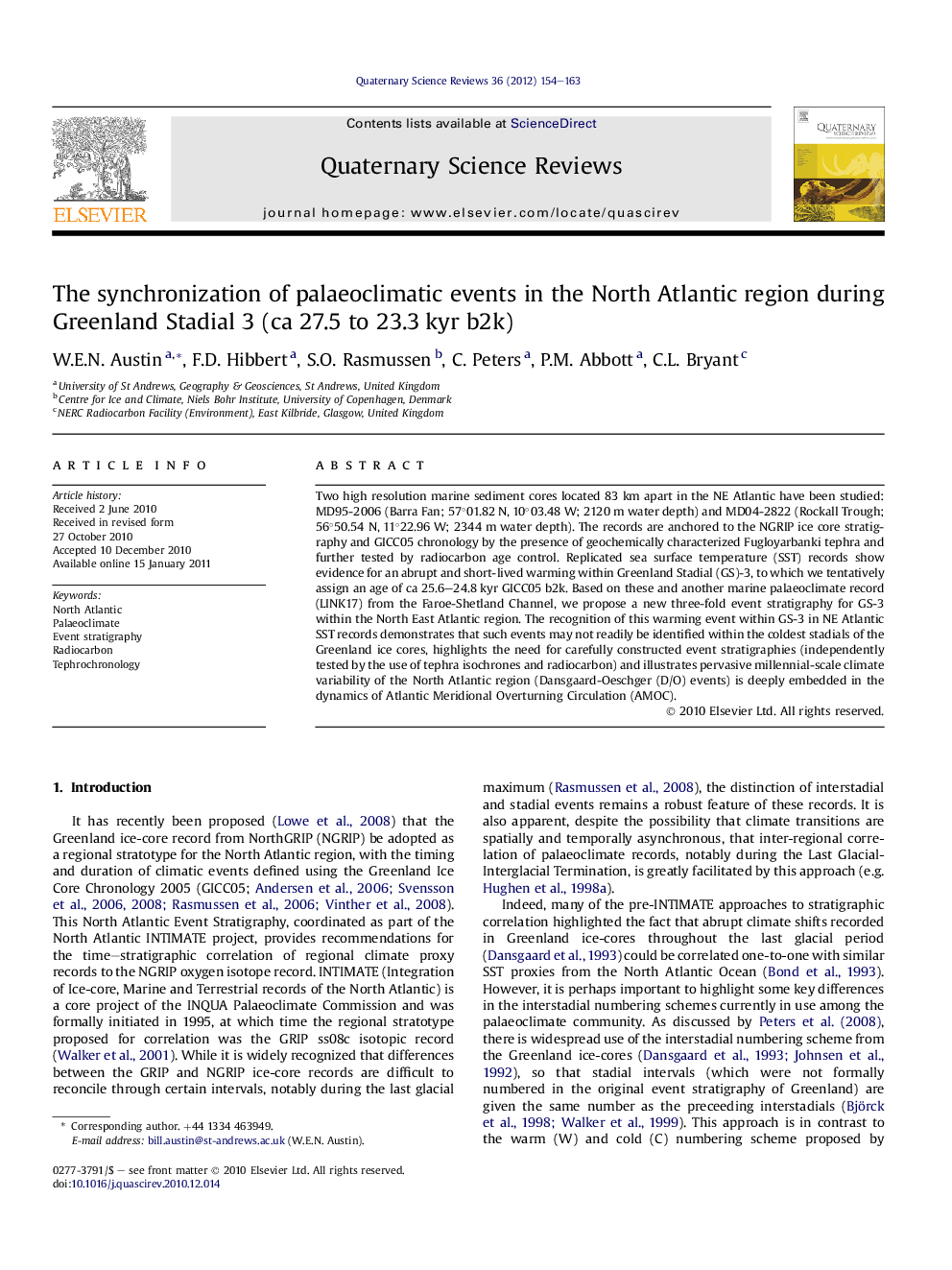 The synchronization of palaeoclimatic events in the North Atlantic region during Greenland Stadial 3 (ca 27.5 to 23.3 kyr b2k)