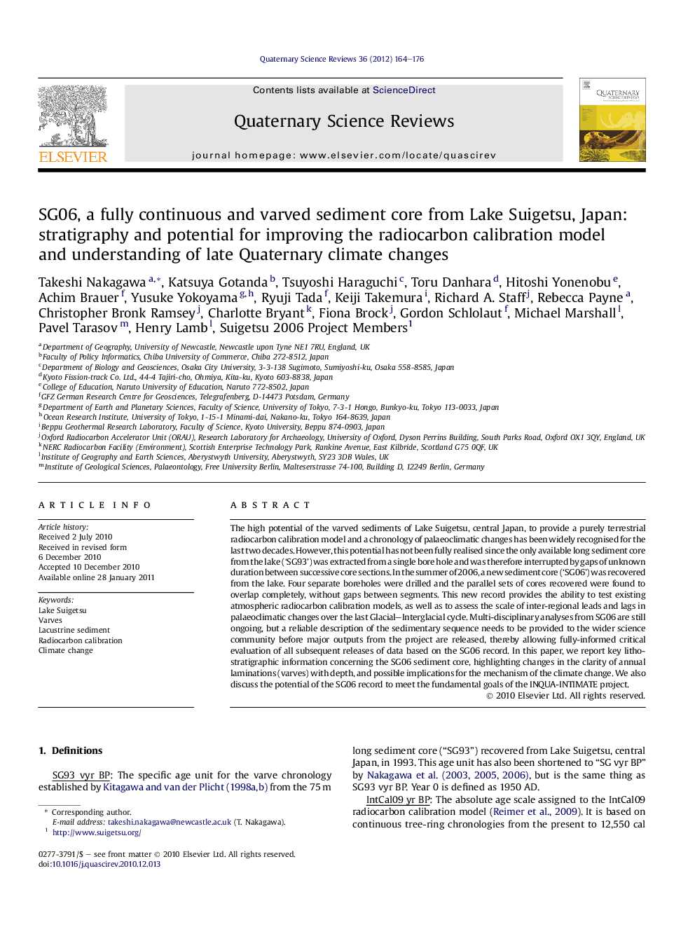 SG06, a fully continuous and varved sediment core from Lake Suigetsu, Japan: stratigraphy and potential for improving the radiocarbon calibration model and understanding of late Quaternary climate changes