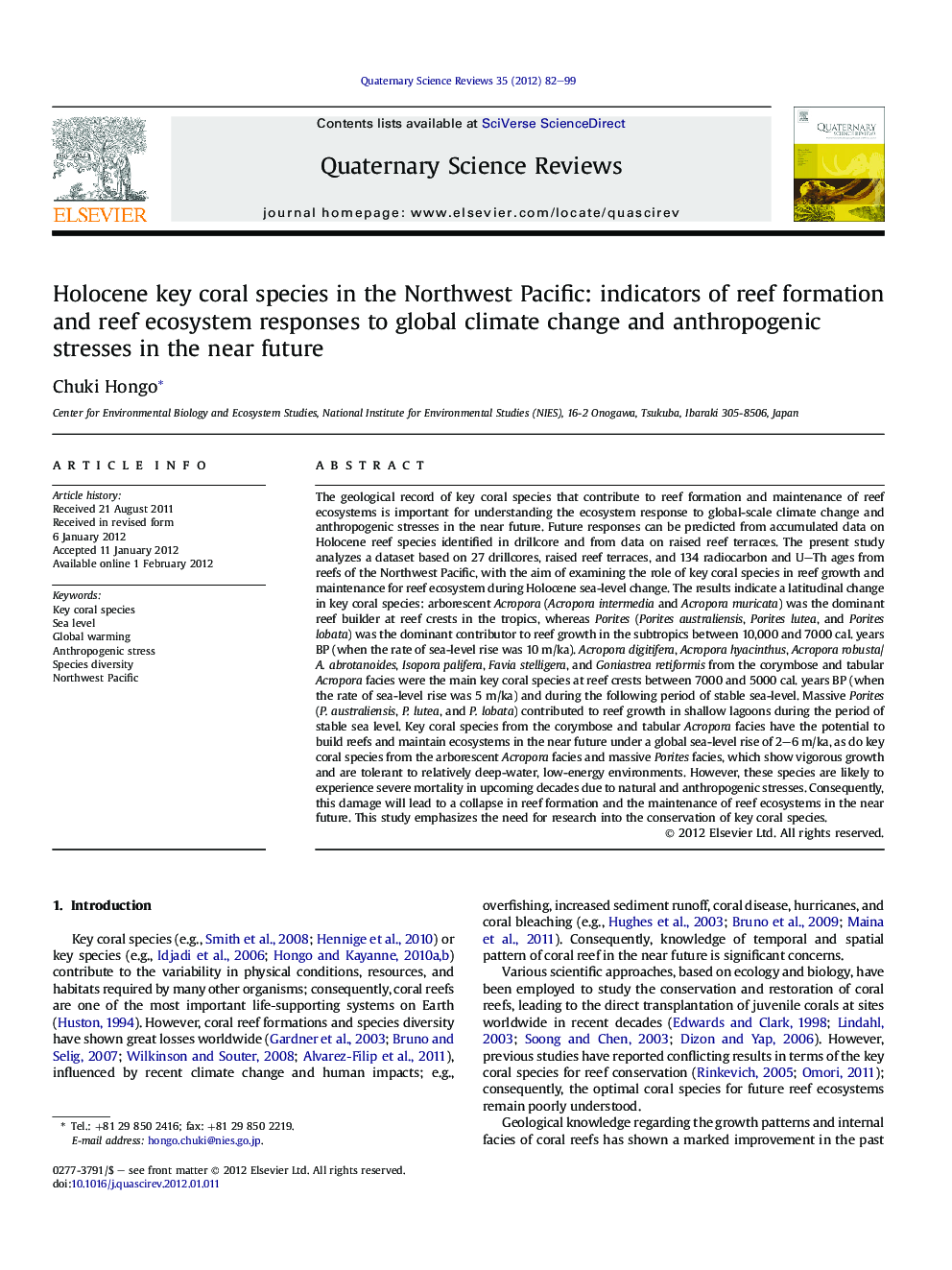 Holocene key coral species in the Northwest Pacific: indicators of reef formation and reef ecosystem responses to global climate change and anthropogenic stresses in the near future