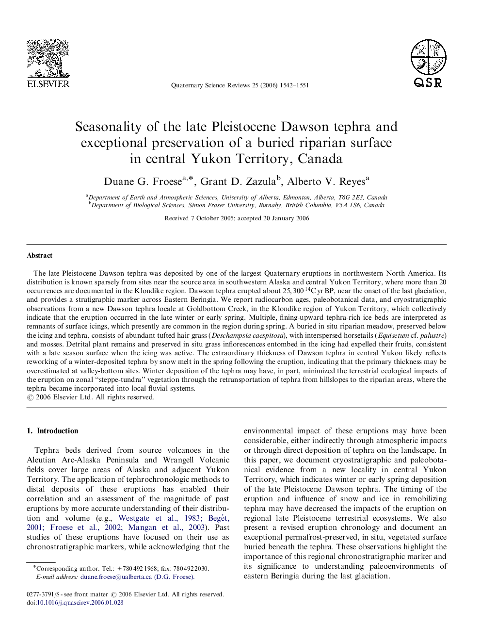 Seasonality of the late Pleistocene Dawson tephra and exceptional preservation of a buried riparian surface in central Yukon Territory, Canada