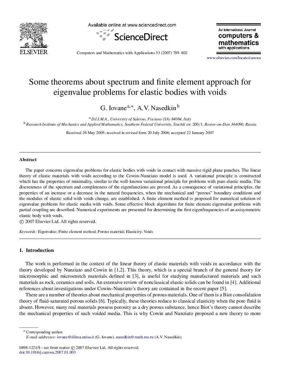 Some theorems about spectrum and finite element approach for eigenvalue problems for elastic bodies with voids