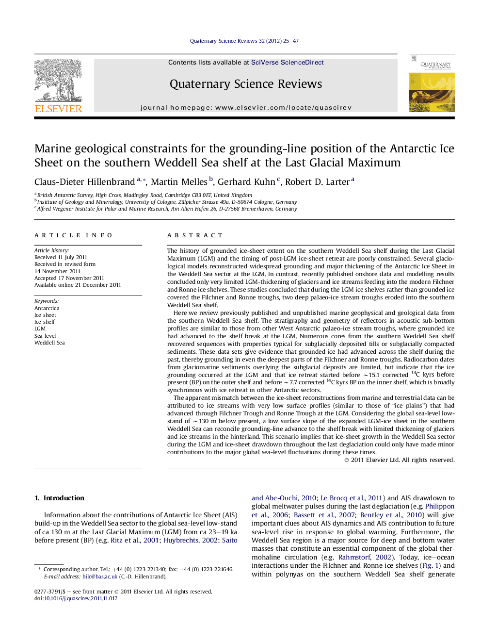 Marine geological constraints for the grounding-line position of the Antarctic Ice Sheet on the southern Weddell Sea shelf at the Last Glacial Maximum