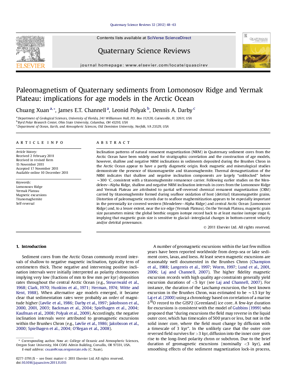 Paleomagnetism of Quaternary sediments from Lomonosov Ridge and Yermak Plateau: implications for age models in the Arctic Ocean