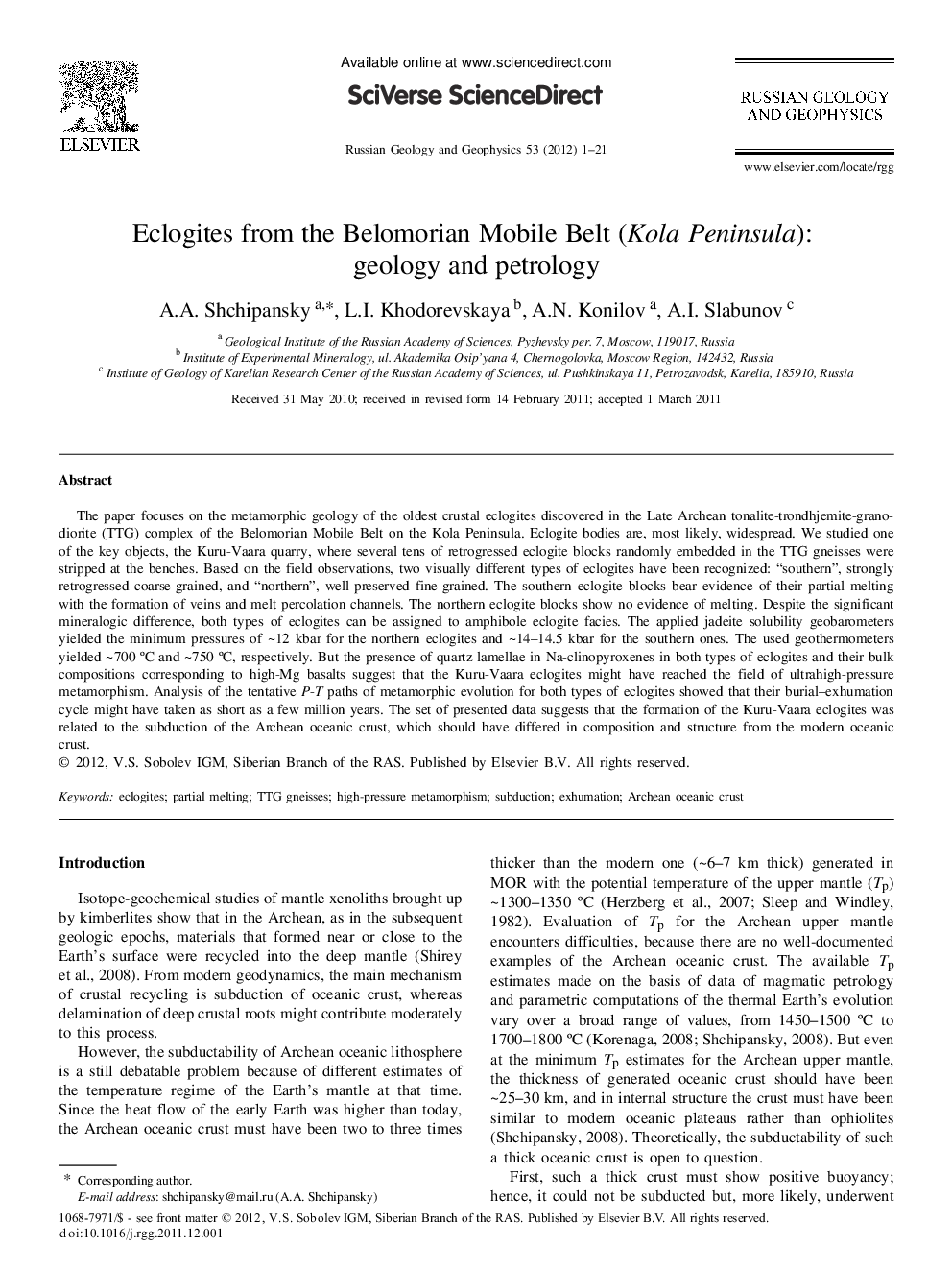 Eclogites from the Belomorian Mobile Belt (Kola Peninsula): geology and petrology