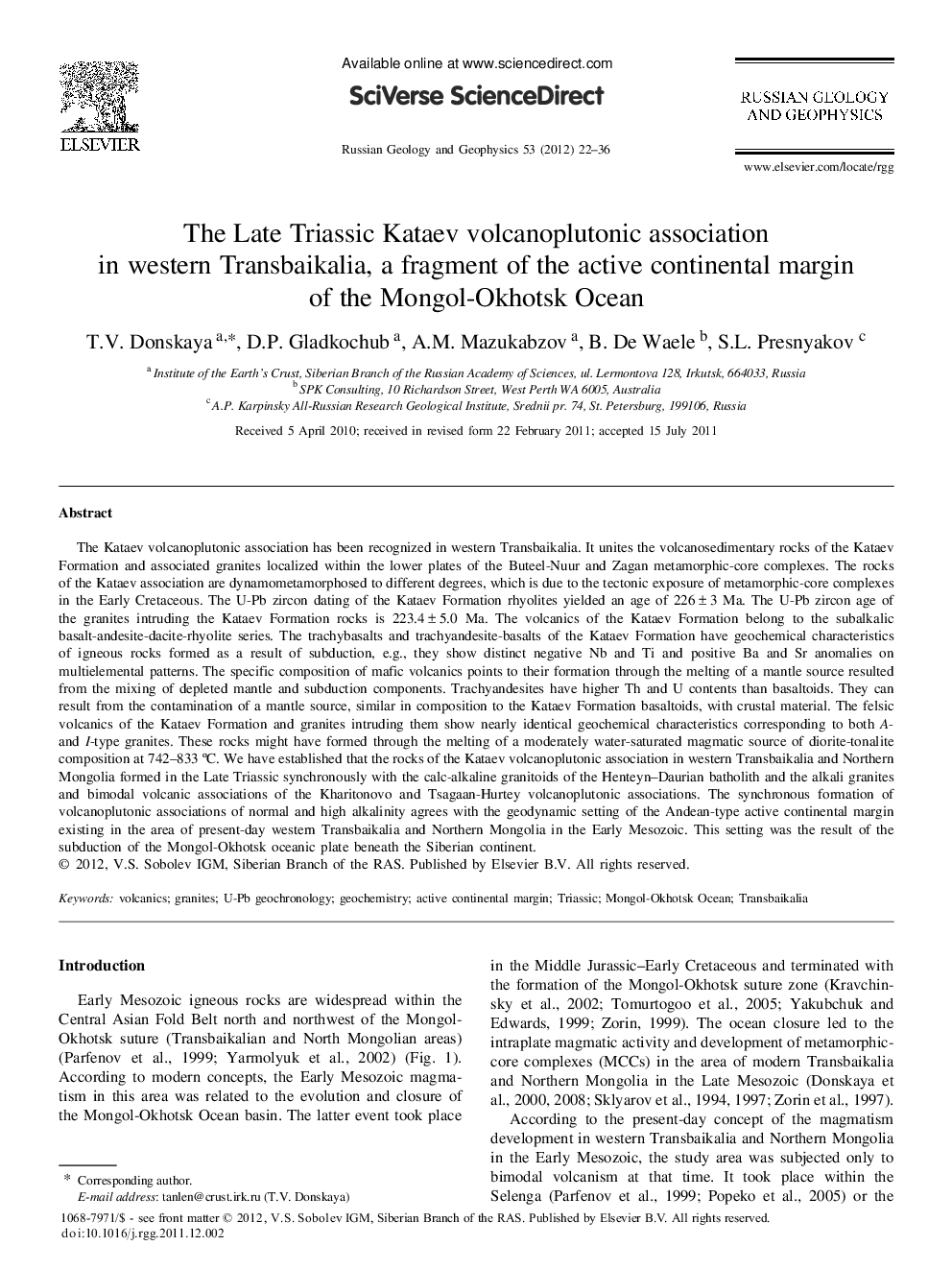 The Late Triassic Kataev volcanoplutonic association in western Transbaikalia, a fragment of the active continental margin of the Mongol-Okhotsk Ocean