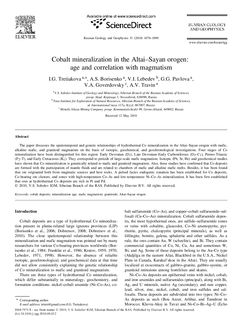 Cobalt mineralization in the Altai–Sayan orogen: age and correlation with magmatism