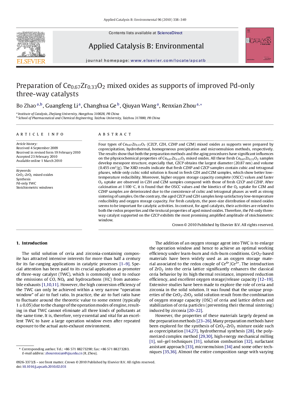 Preparation of Ce0.67Zr0.33O2 mixed oxides as supports of improved Pd-only three-way catalysts