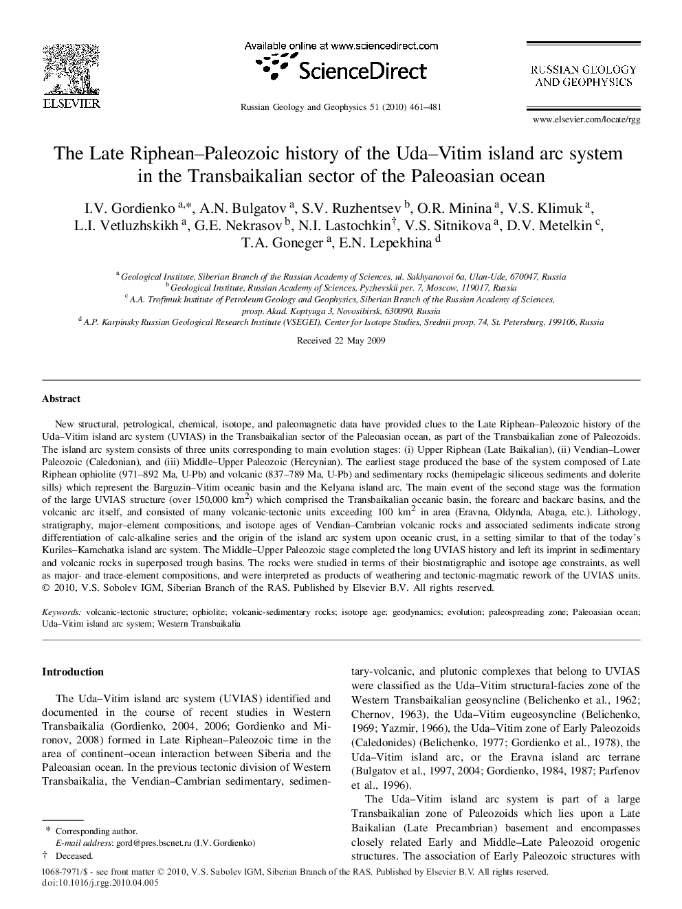 The Late Riphean–Paleozoic history of the Uda–Vitim island arc system in the Transbaikalian sector of the Paleoasian ocean