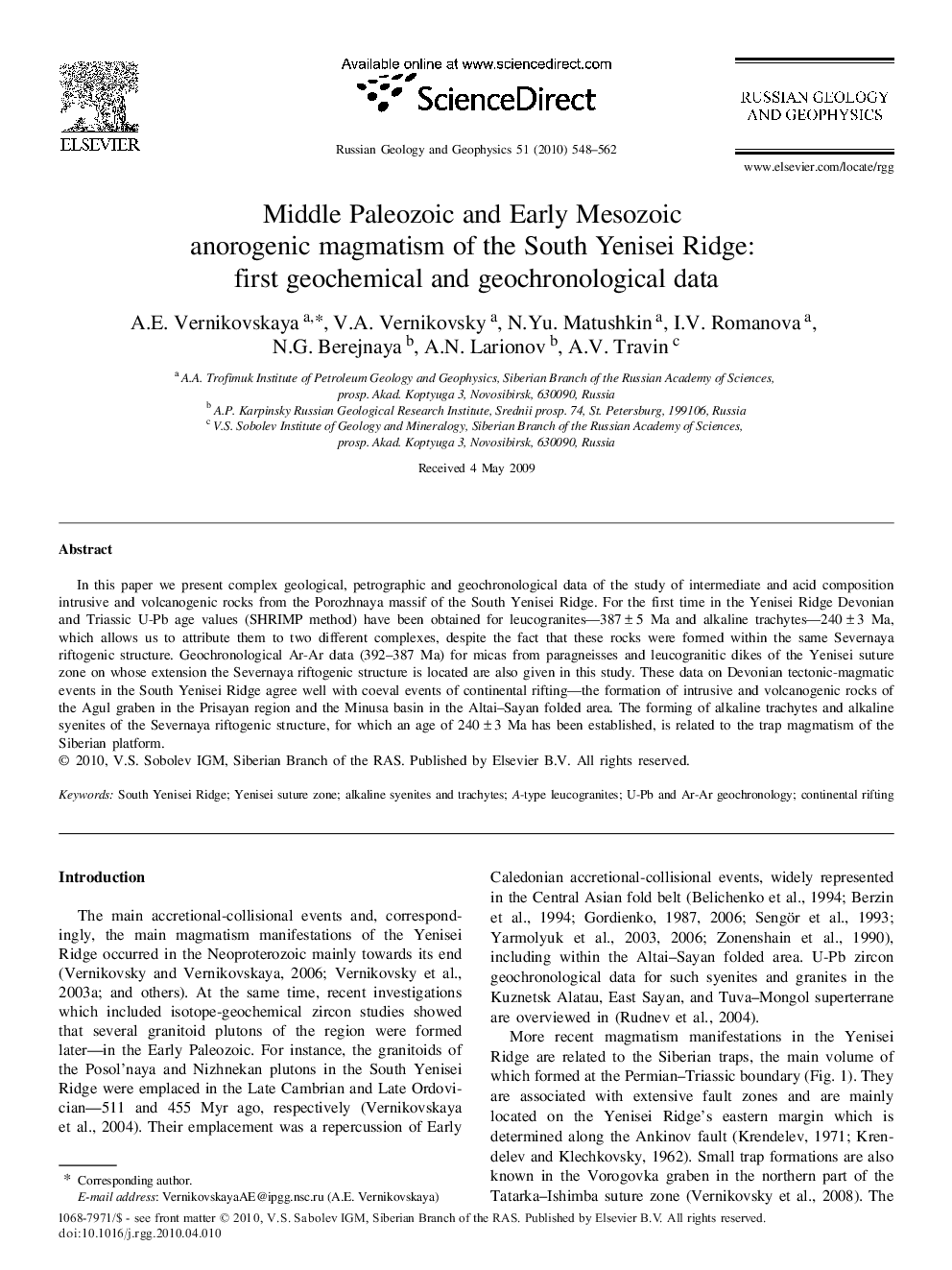 Middle Paleozoic and Early Mesozoic anorogenic magmatism of the South Yenisei Ridge: first geochemical and geochronological data