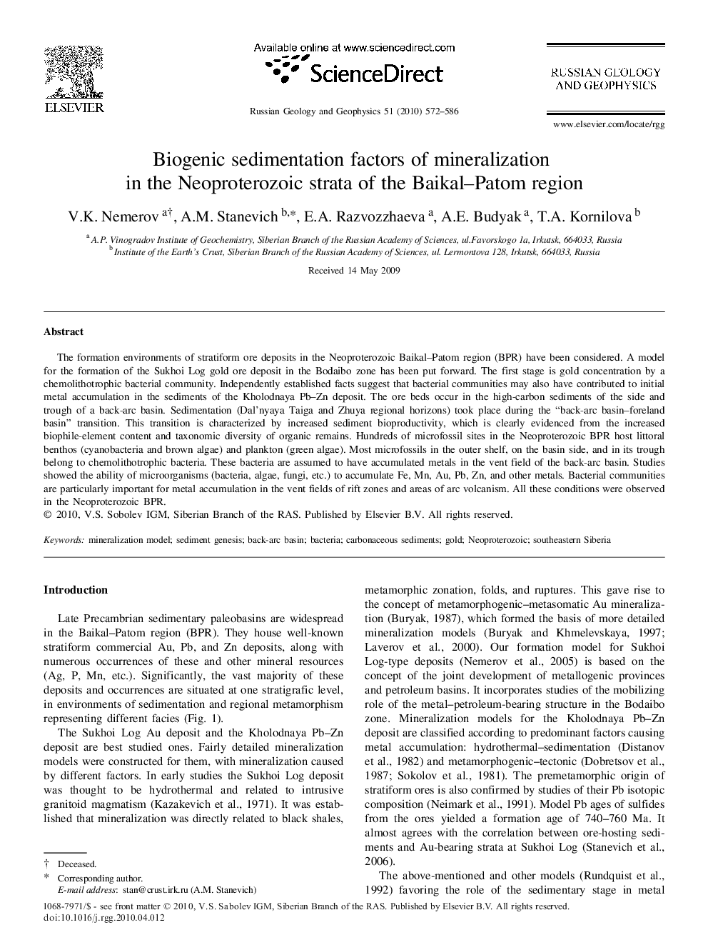 Biogenic sedimentation factors of mineralization in the Neoproterozoic strata of the Baikal–Patom region