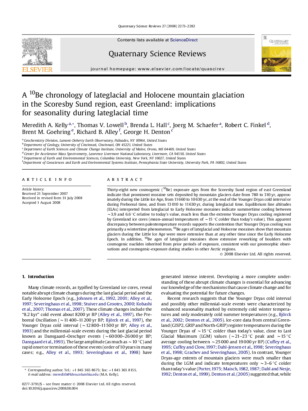 A 10Be chronology of lateglacial and Holocene mountain glaciation in the Scoresby Sund region, east Greenland: implications for seasonality during lateglacial time