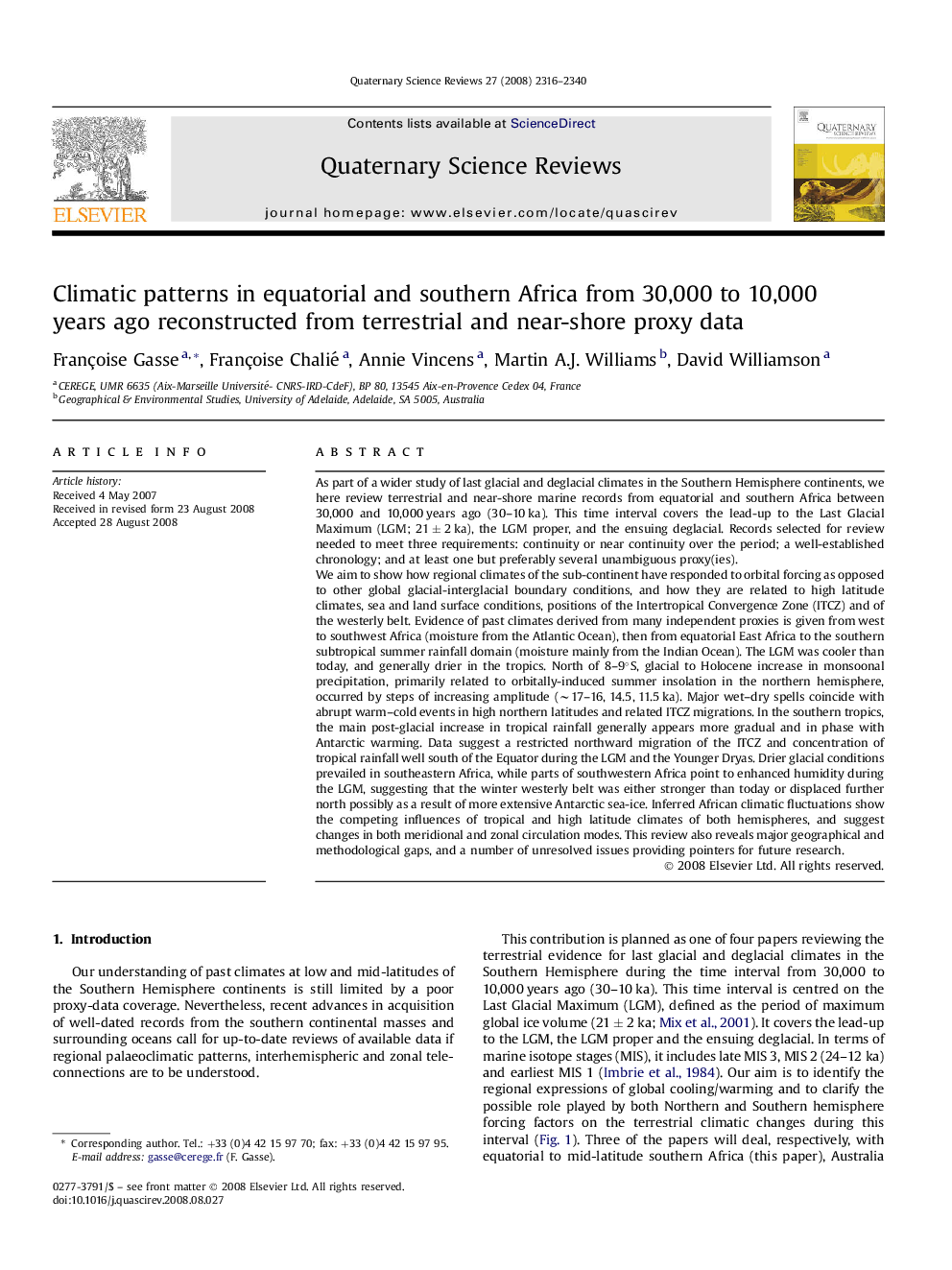 Climatic patterns in equatorial and southern Africa from 30,000 to 10,000 years ago reconstructed from terrestrial and near-shore proxy data