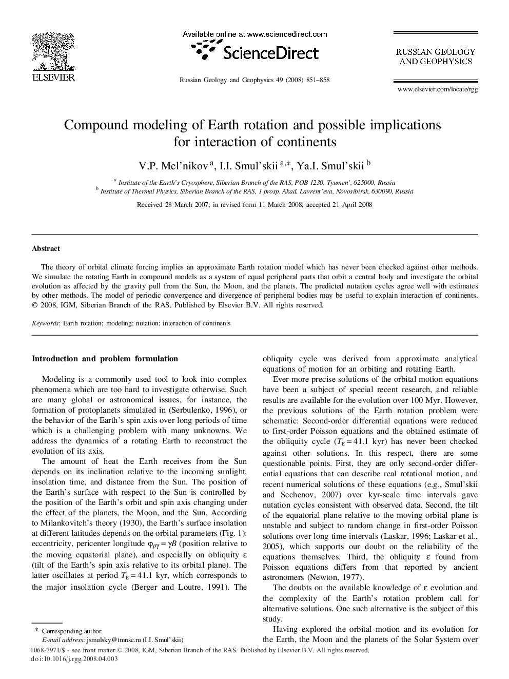 Compound modeling of Earth rotation and possible implications for interaction of continents