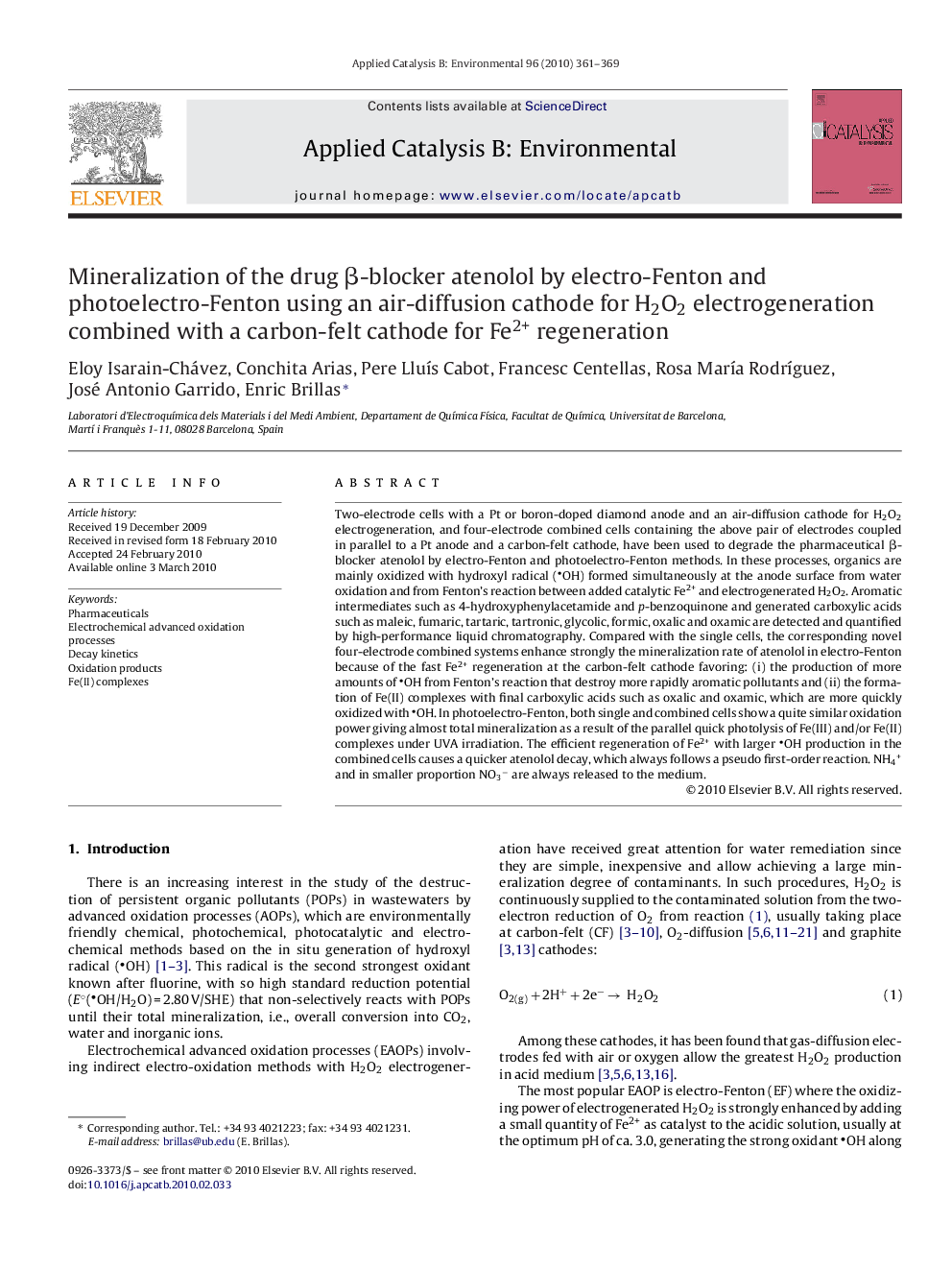 Mineralization of the drug β-blocker atenolol by electro-Fenton and photoelectro-Fenton using an air-diffusion cathode for H2O2 electrogeneration combined with a carbon-felt cathode for Fe2+ regeneration