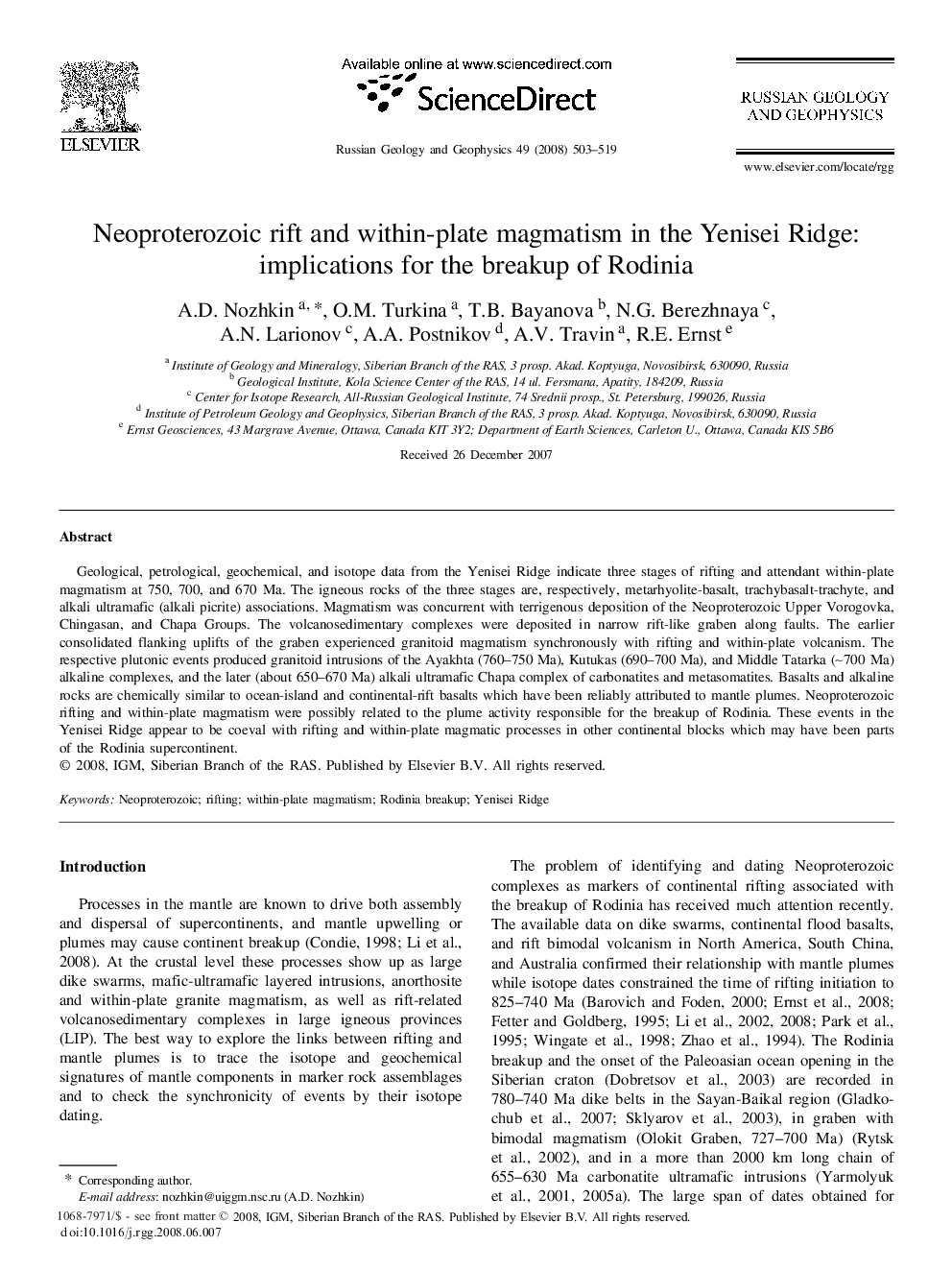 Neoproterozoic rift and within-plate magmatism in the Yenisei Ridge: implications for the breakup of Rodinia