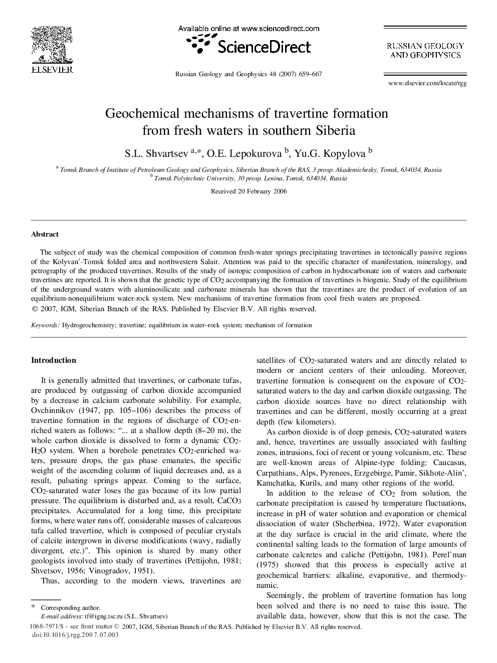 Geochemical mechanisms of travertine formation from fresh waters in southern Siberia