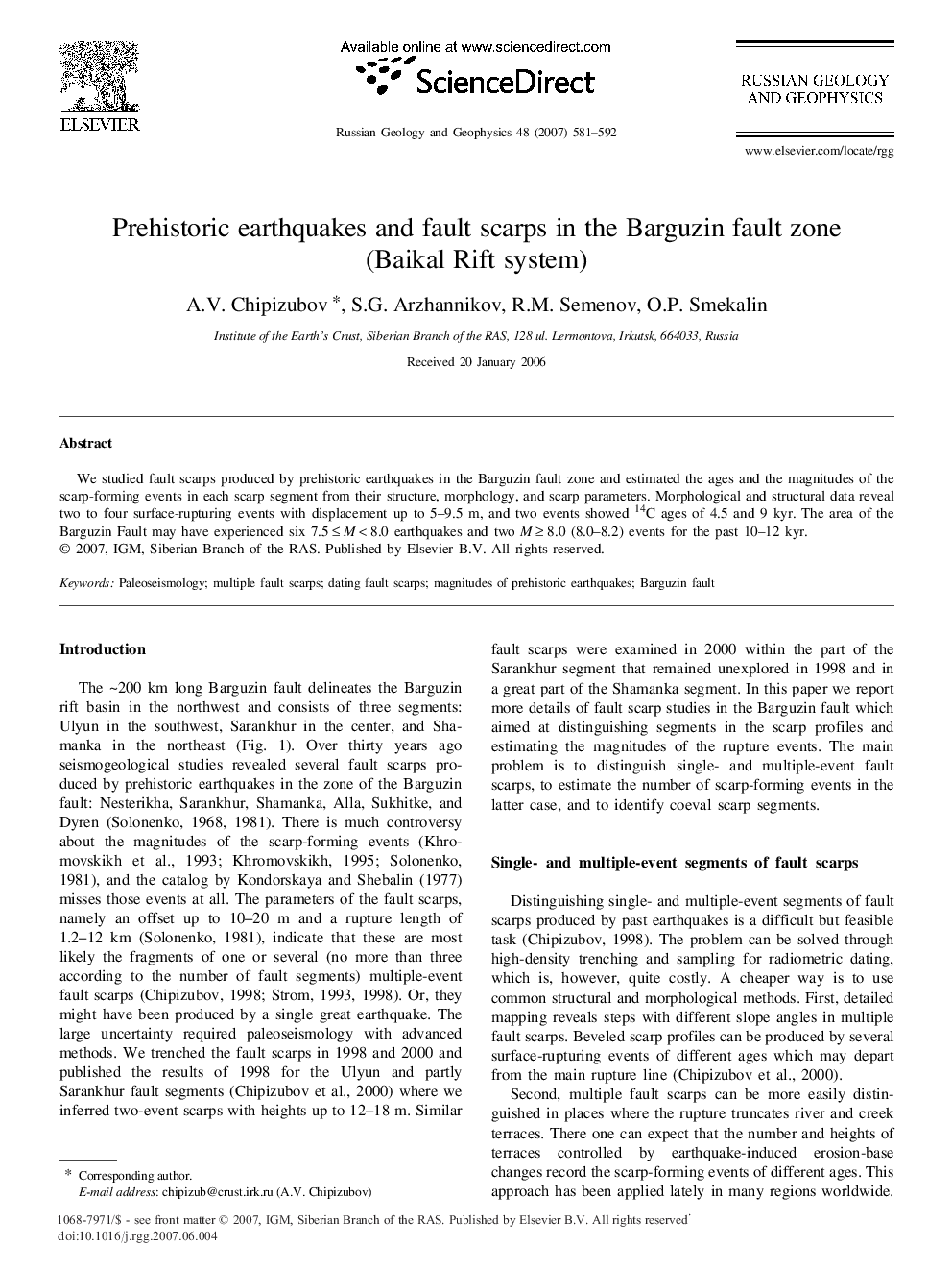 Prehistoric earthquakes and fault scarps in the Barguzin fault zone (Baikal Rift system)