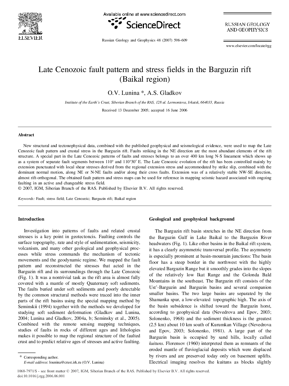 Late Cenozoic fault pattern and stress fields in the Barguzin rift (Baikal region)