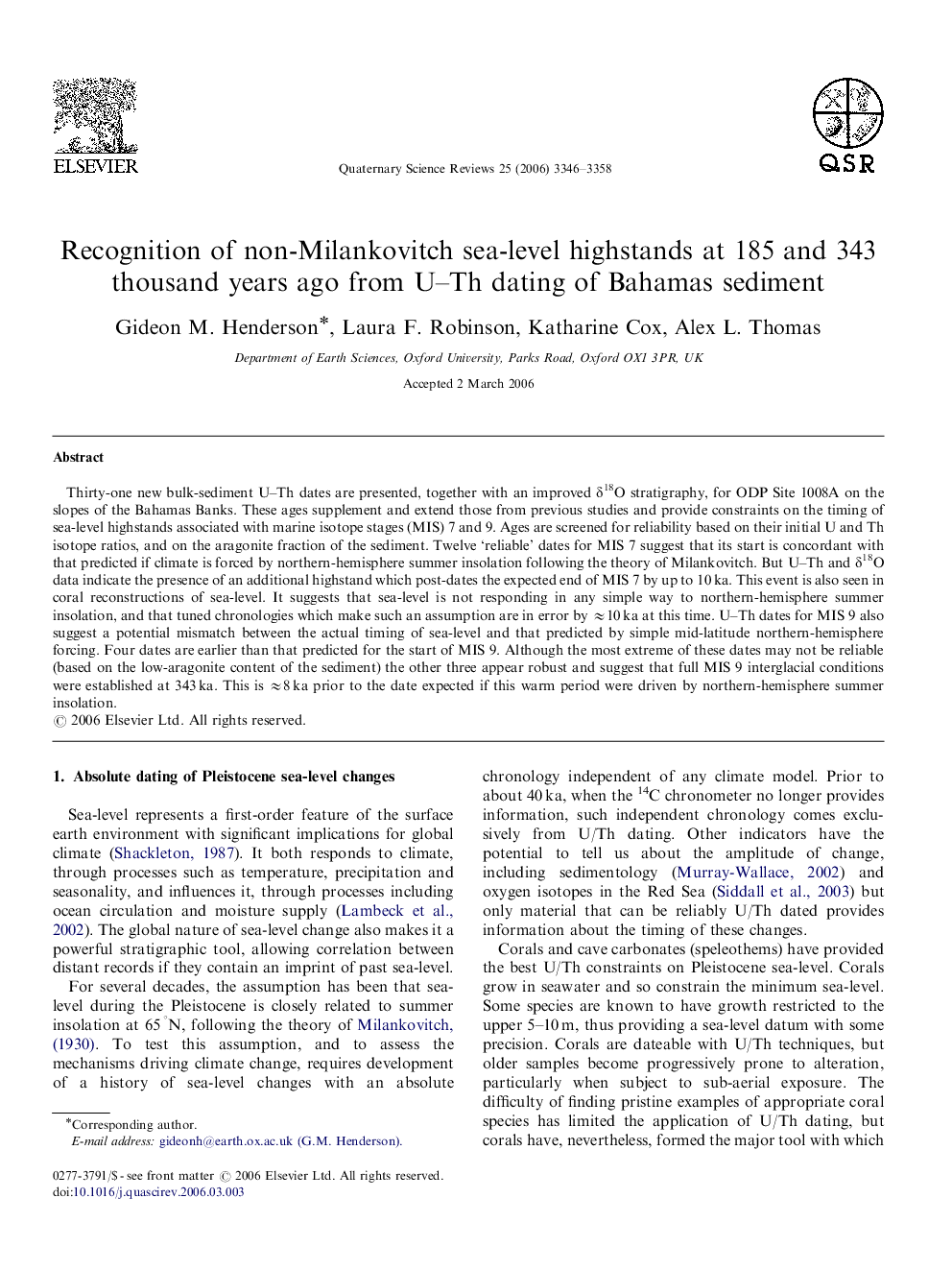 Recognition of non-Milankovitch sea-level highstands at 185 and 343 thousand years ago from U–Th dating of Bahamas sediment