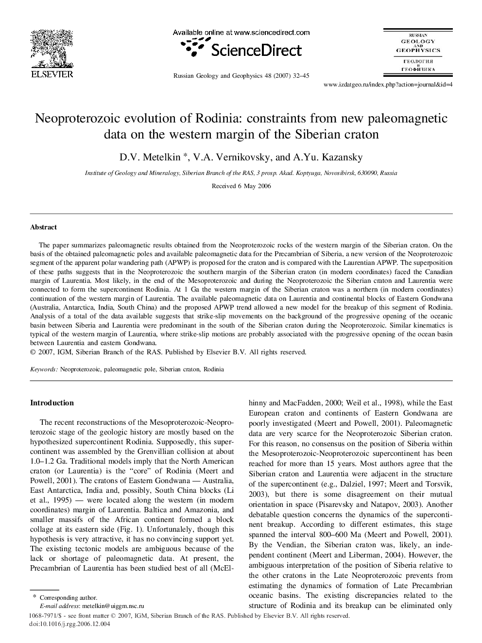 Neoproterozoic evolution of Rodinia: constraints from new paleomagnetic data on the western margin of the Siberian craton