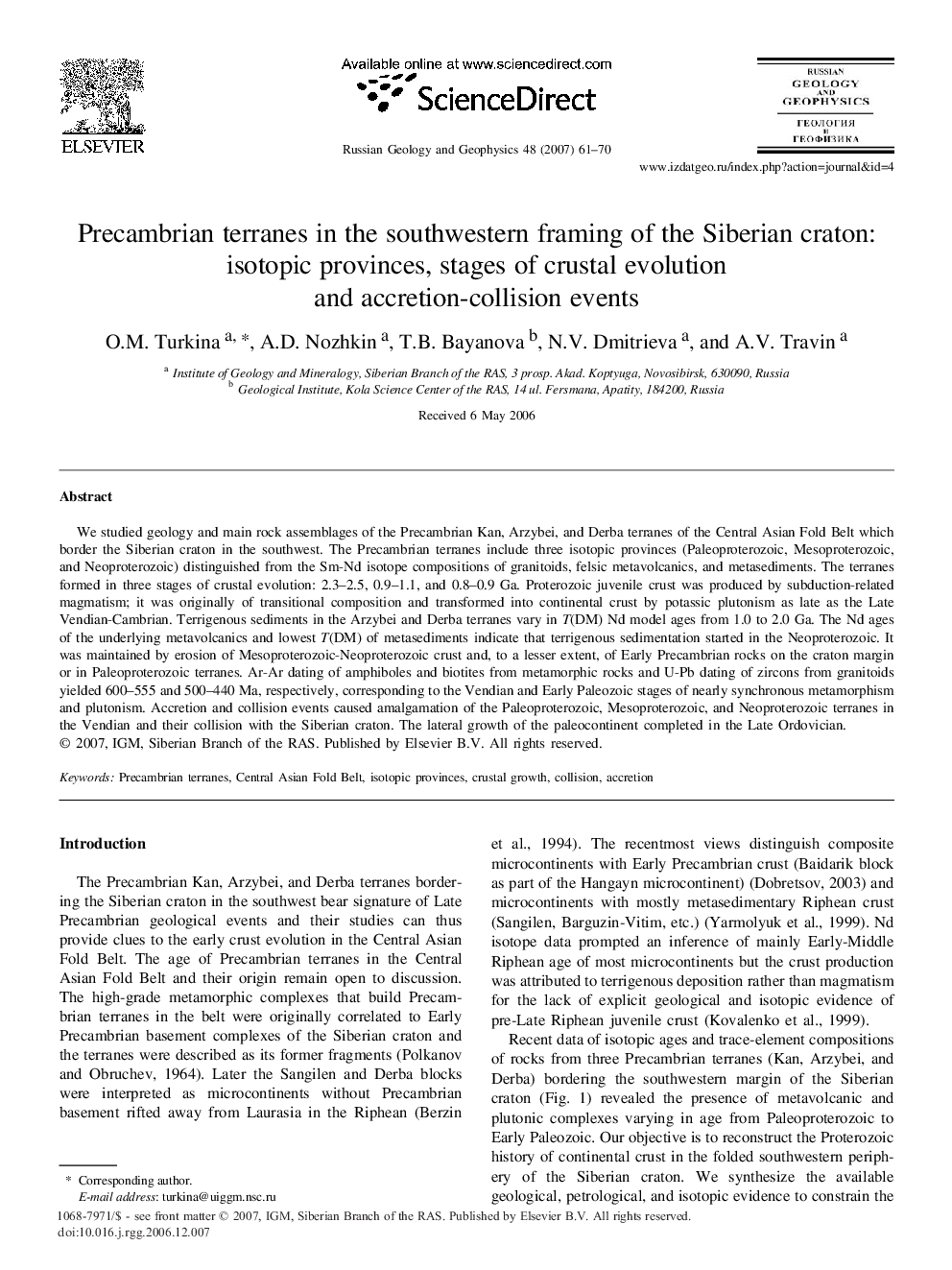 Precambrian terranes in the southwestern framing of the Siberian craton: isotopic provinces, stages of crustal evolution and accretion-collision events