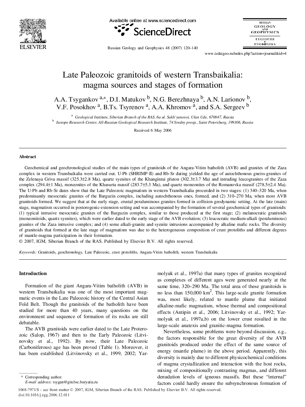 Late Paleozoic granitoids of western Transbaikalia: magma sources and stages of formation