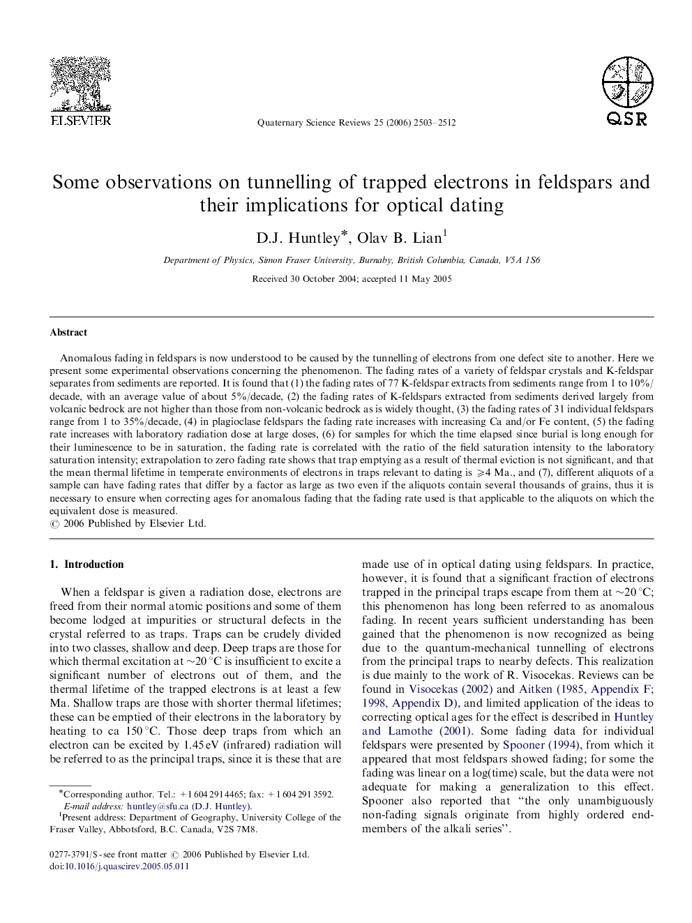 Some observations on tunnelling of trapped electrons in feldspars and their implications for optical dating